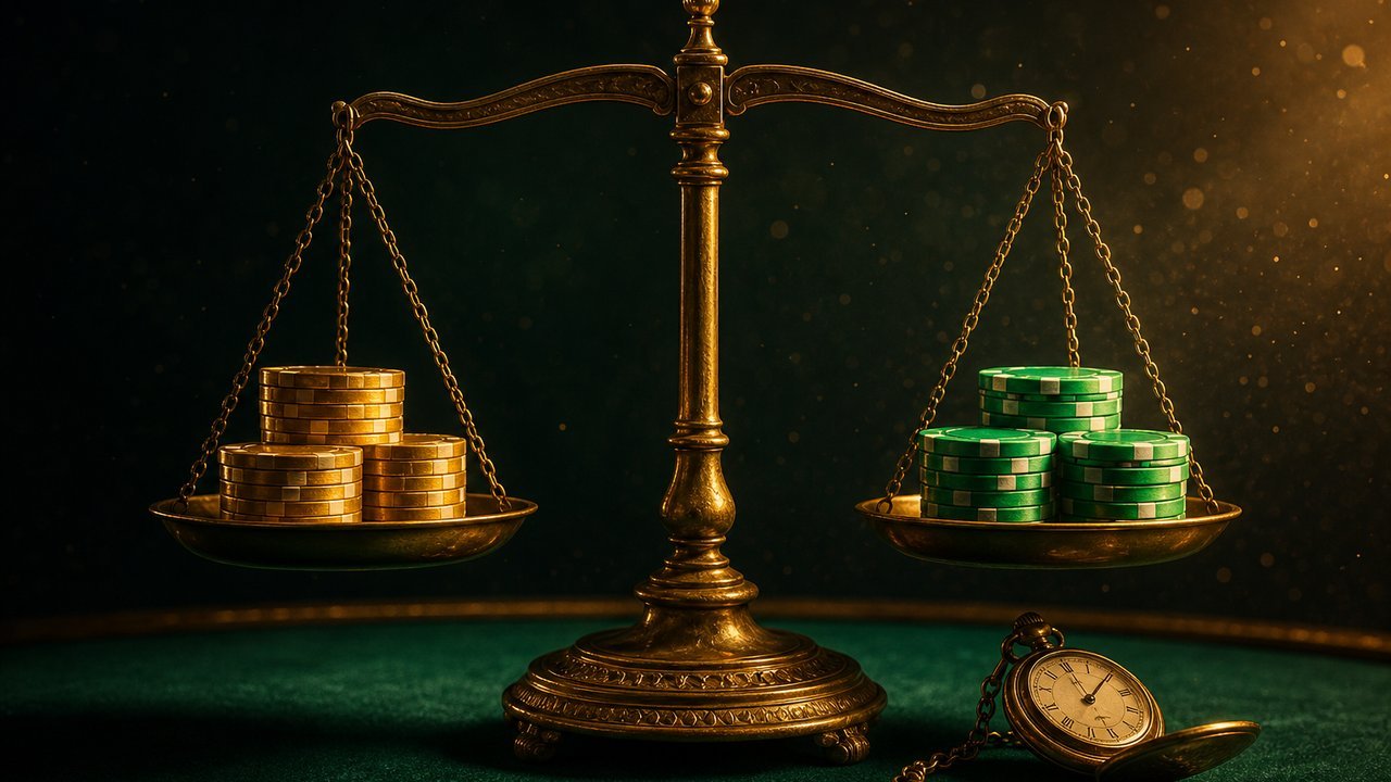 Balanza de latón equilibrando fichas doradas y fichas verdes, con reloj de bolsillo