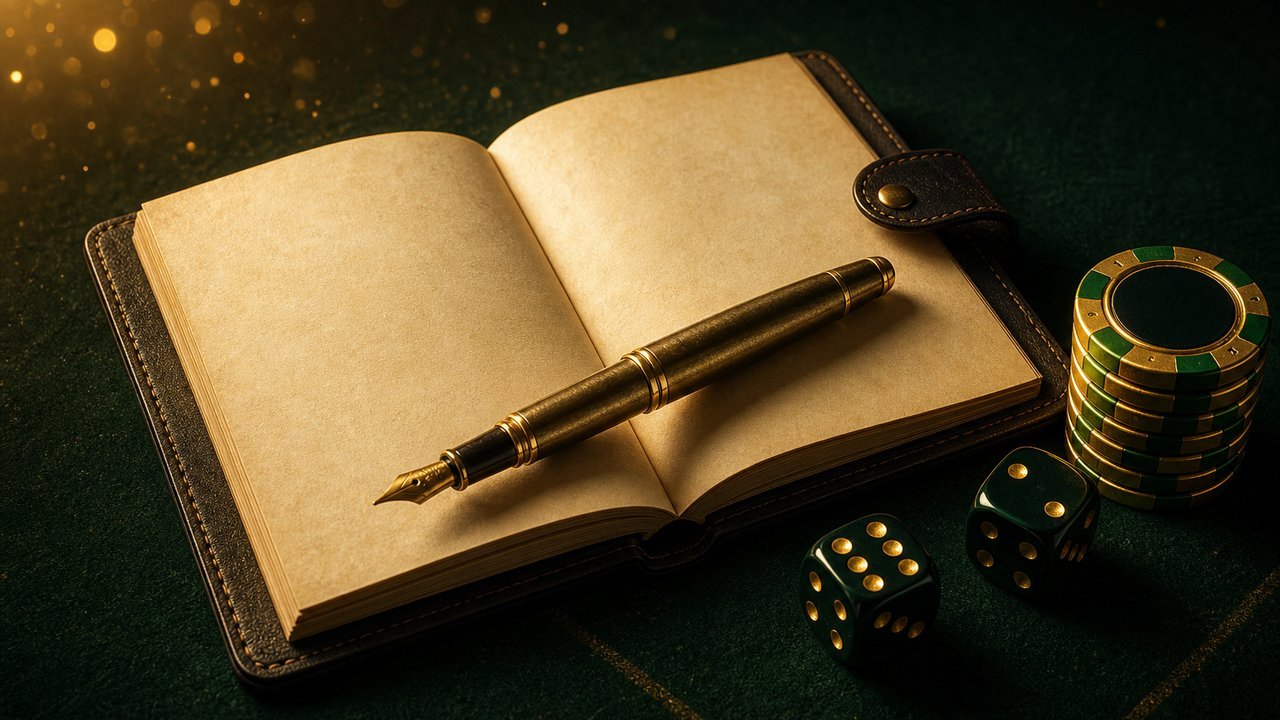Cuaderno abierto con pluma estilográfica, dados y fichas doradas sobre paño verde