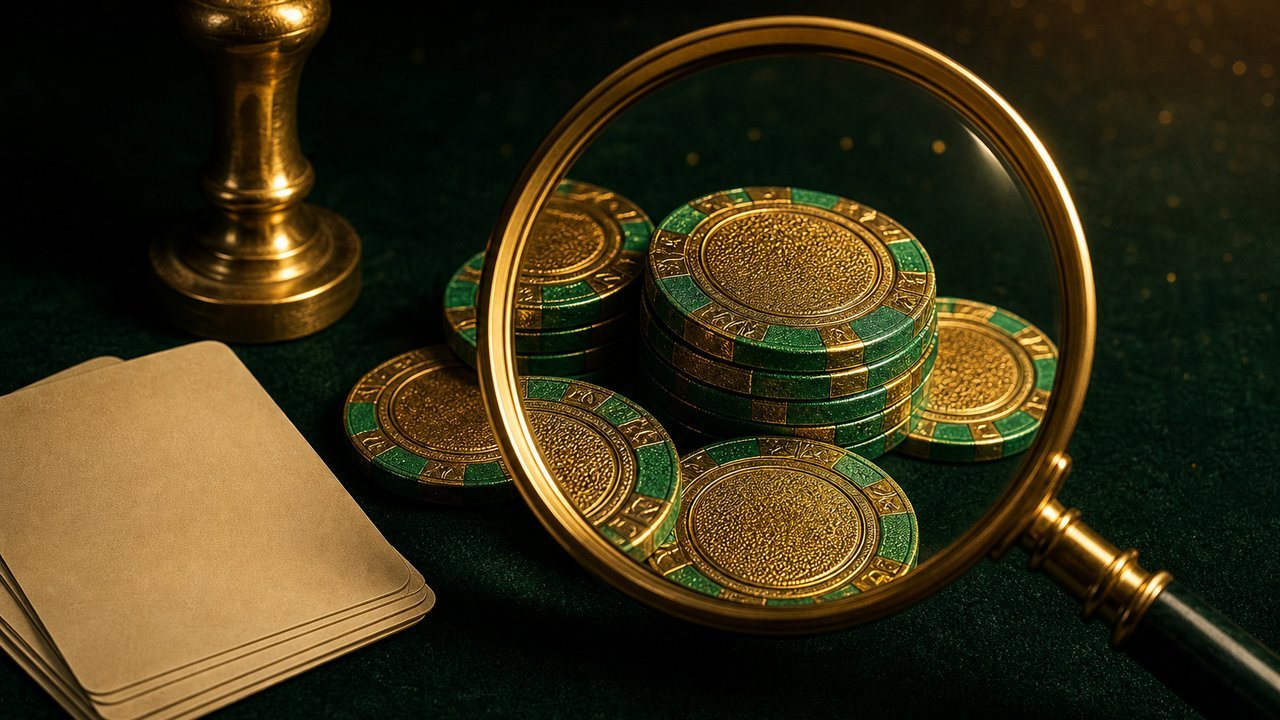 Lupa de latón ampliando fichas de casino doradas y esmeralda, con sello y tarjetas