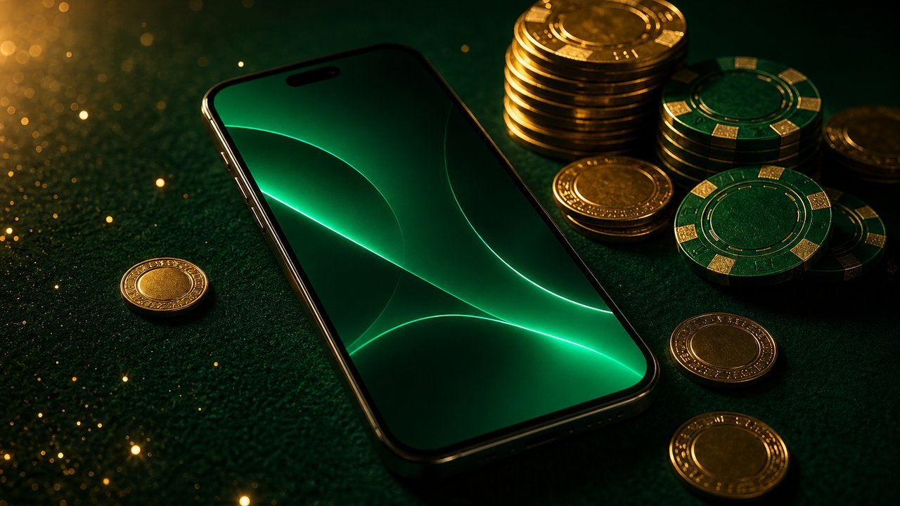Teléfono con pantalla verde junto a fichas y monedas doradas sobre paño
